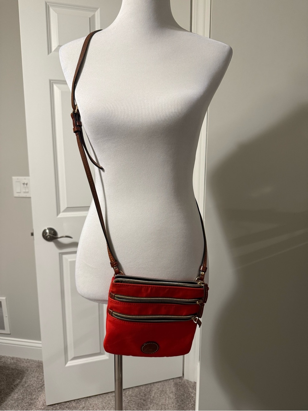Dooney & Bourke Red Nylon Crossbody with Brown Leather Strap